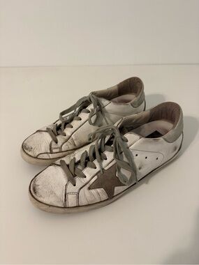 Golden Goose White Leather Sneakers with Gray Star and Laces